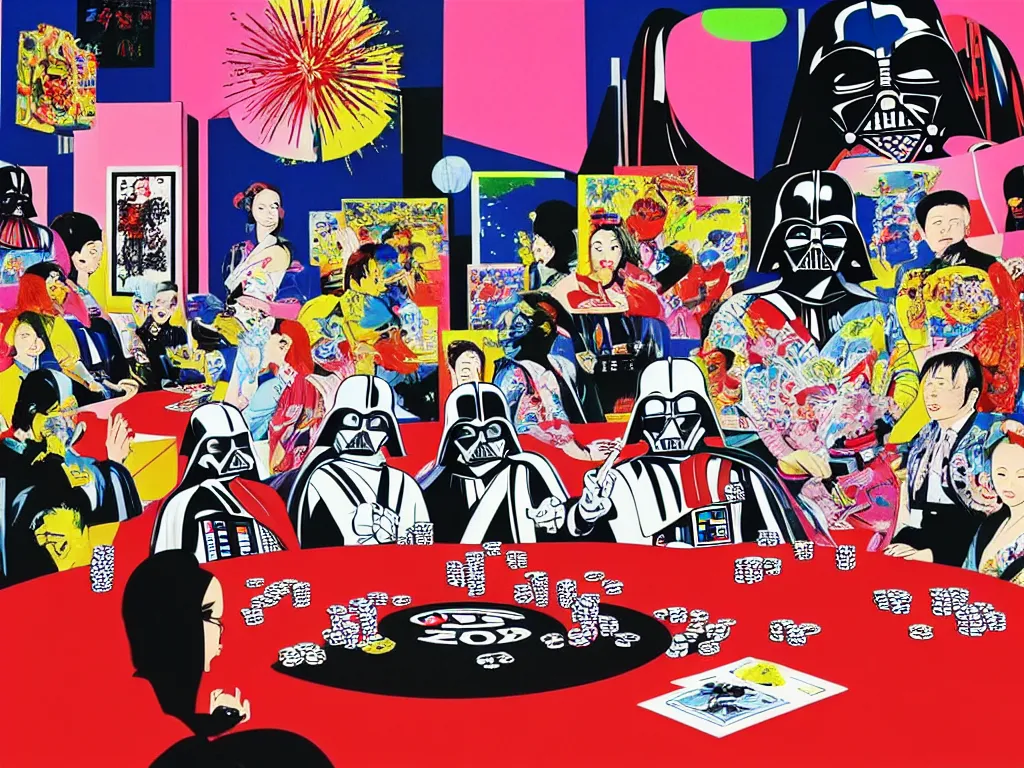 Image similar to hyper - realistic composition of a large room with an extremely detailed poker table in the center, woman in traditional japanese kimono standing nearby, darth vader sitting at the table, fireworks in the background, pop art style, jackie tsai style, andy warhol style, acrylic on canvas, dull palette