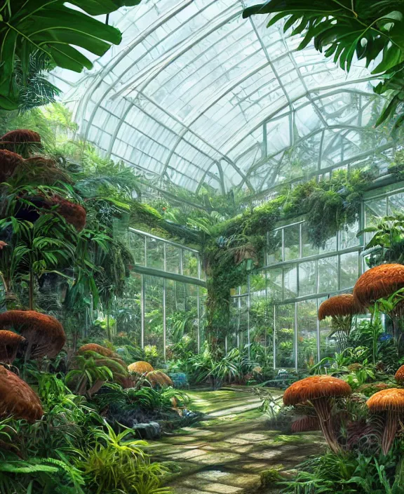 Image similar to an enormous conservatory greenhouse exterior, overgrown with exotic fungus, overgrown with huge ferns, cliff side, noon, sun drenched, partly cloudy, by dan mumford, yusuke murata, makoto shinkai, ross tran, cinematic, unreal engine, cel shaded, featured on artstation, pixiv