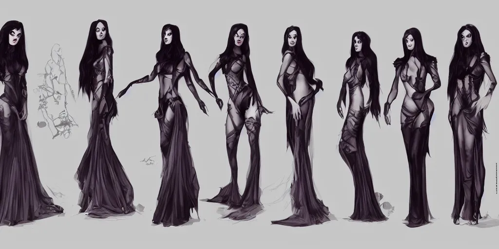 Image similar to morticia addams, character sheet, concept design, contrast, kim jung gi, greg rutkowski, zabrocki, karlkka, jayison devadas, trending on artstation, 8 k, ultra wide angle, pincushion lens effect