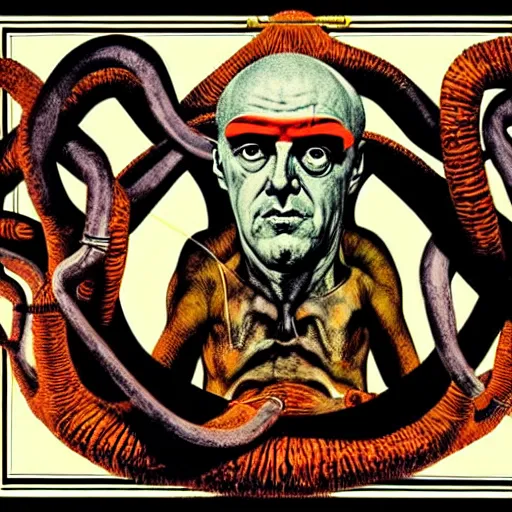 Image similar to graphic illustration, creative design, aleister crowley, biopunk, francis bacon, highly detailed, hunter s thompson, concept art