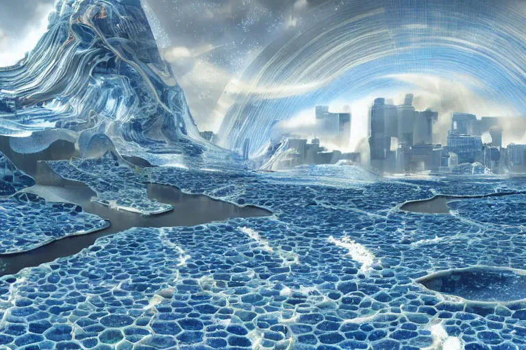 Prompt: futuristic luxurios street with Singaporean gold waterfalls, white and royal blue theme, advanced civilization, UHD, at Salar De Uyuni, Hexagonal formations on the surface of salt crystallization, sandwiched between sedimentary deposits, bubbling geysers, marvellous reflection of the sky, digital painting, concept art, smooth, sharp focus, from Star Trek 2021, illustration, by WLOP and Ruan Jia and Mandy Jurgens and William-Adolphe Bouguereau, Artgerm