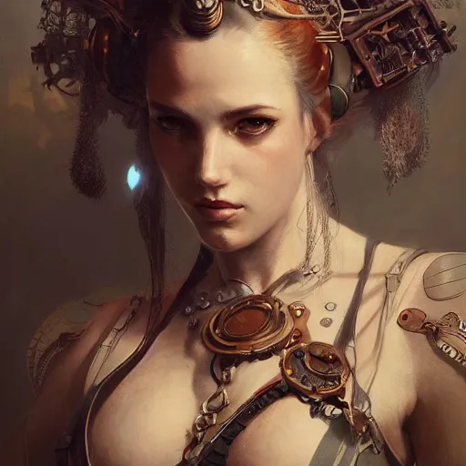 Image similar to a beautiful portrait of a steampunk goddess, a detailed painting by greg rutkowski and raymond swanland, featured on cgsociety, fantasy art, detailed painting, artstation hd, photorealistic