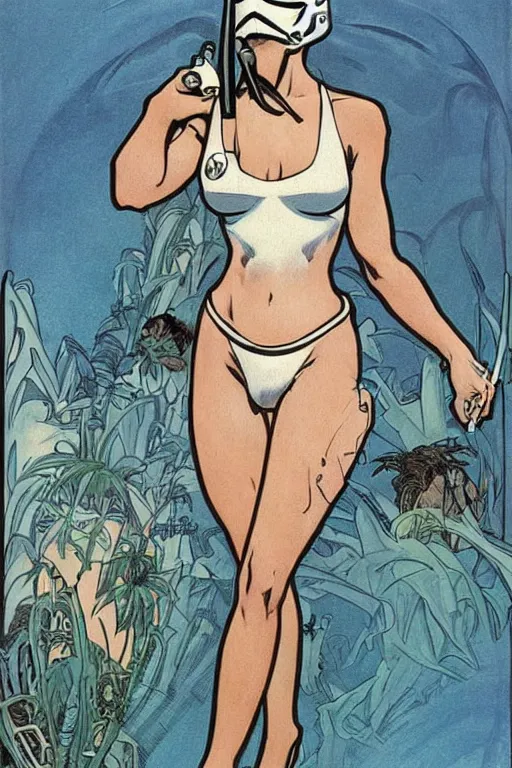 Image similar to female in white bikini with tattoos and stormtrooper helmet, well composed, clean elegant painting, beautiful detailed face. comic book art by steve ditko and jack kirby and ( alphonse mucha )
