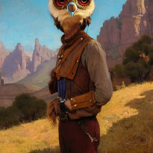 Prompt: wild west portrait of furry anthro anthropomorphic owl head animal person fursona wearing clothes in the valley, sunny day, digital art by Nerdrum John, William Waterhouse, Winslow Homer, Alex Heywood, Jordan Grimmer, Darren Quach, Greg Rutkowski, Simon Stalenhag, trending on Artstation, CGSociety