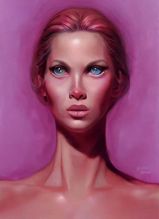 Image similar to a portrait of a pink cat hybrid woman wearing clothes, art by boris vallejo and greg danton and denys tsiperko, detailed, hyperrealism, artstation