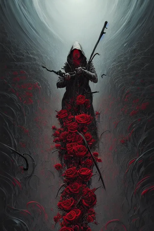 Image similar to poster style, a beautiful and terrifying painting with high details of a panoramic view of a reaper holding a long sickle, with red fluid white roses in the foreground, movie atmosphere, movie lights, 8 k, light effect, rtx on, trending on artstation, by kilian eng, lee madgwick, bastien lecouffe - deharme