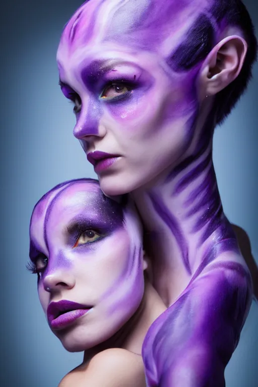 Image similar to purple - skinned alien girl with tentacle hair, cosplay, photo shoot, body paint, beautiful symmetric face, studio lighting