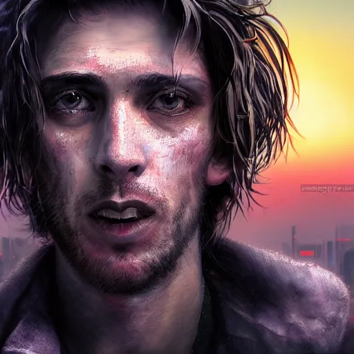 Image similar to cyberpunk, closeup portrait of a shaggy cyberpunk junkie in his 2 0 s, eye bags, three day stubble, ex junkie, dramatic light, city background, sunset, dystopian setting, high contrast, sharp, neuromancer, henry dorsett case, painted by stanley lau, painted by greg rutkowski, painted by stanley artgerm, digital art, trending on artstation