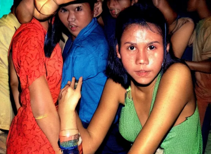 Prompt: A girl in the Nightclubs in Indonesia, 90's professional color photograph.