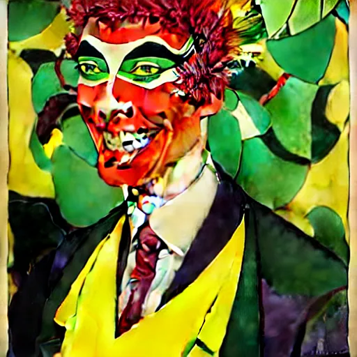 Image similar to art by joshua middleton, the yellow creeper, a tall manically smiling yellow - skinned man with green and black striped cycling shorts and wearing a long red and black striped ostrich feather boa, yellow makeup, mucha, kandinsky, poster, art deco motifs, comic art, stylised design, scarlet feather boa