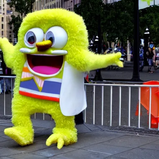 Prompt: furry spongebob street performer