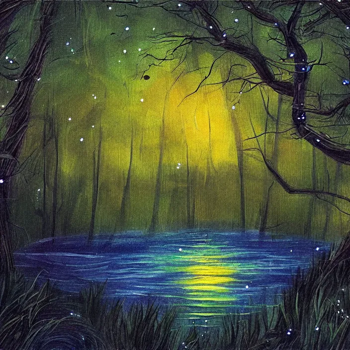 Image similar to lake trees night fireflies glowing above water digital painting concept art