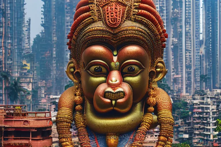 Prompt: high quality 3 d cyberpunk biomorphic hanuman head building in the middle of mumbai!!, kalighat highly detailed, cinematic smooth, stephen shore & john j. park, soft morning light, wide shot, high angle, uhd 8 k, deep focus