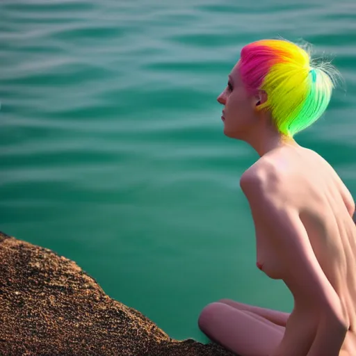 Prompt: a beautiful thin pale woman in the lake, neon glowing hair, 4k telephoto lens,