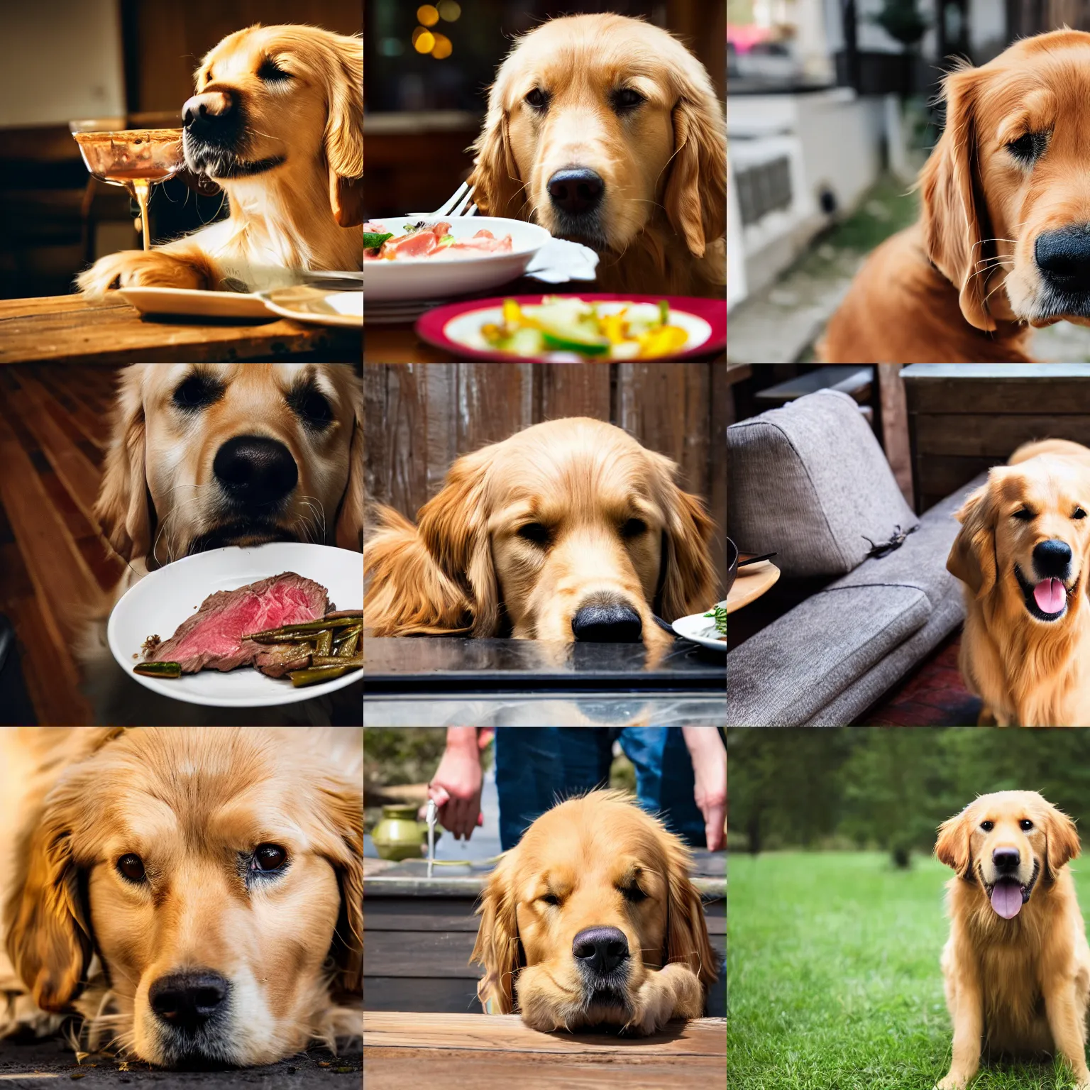 Prompt: embarrassed looking golden retriever that got caught eating steak, high resolution photography