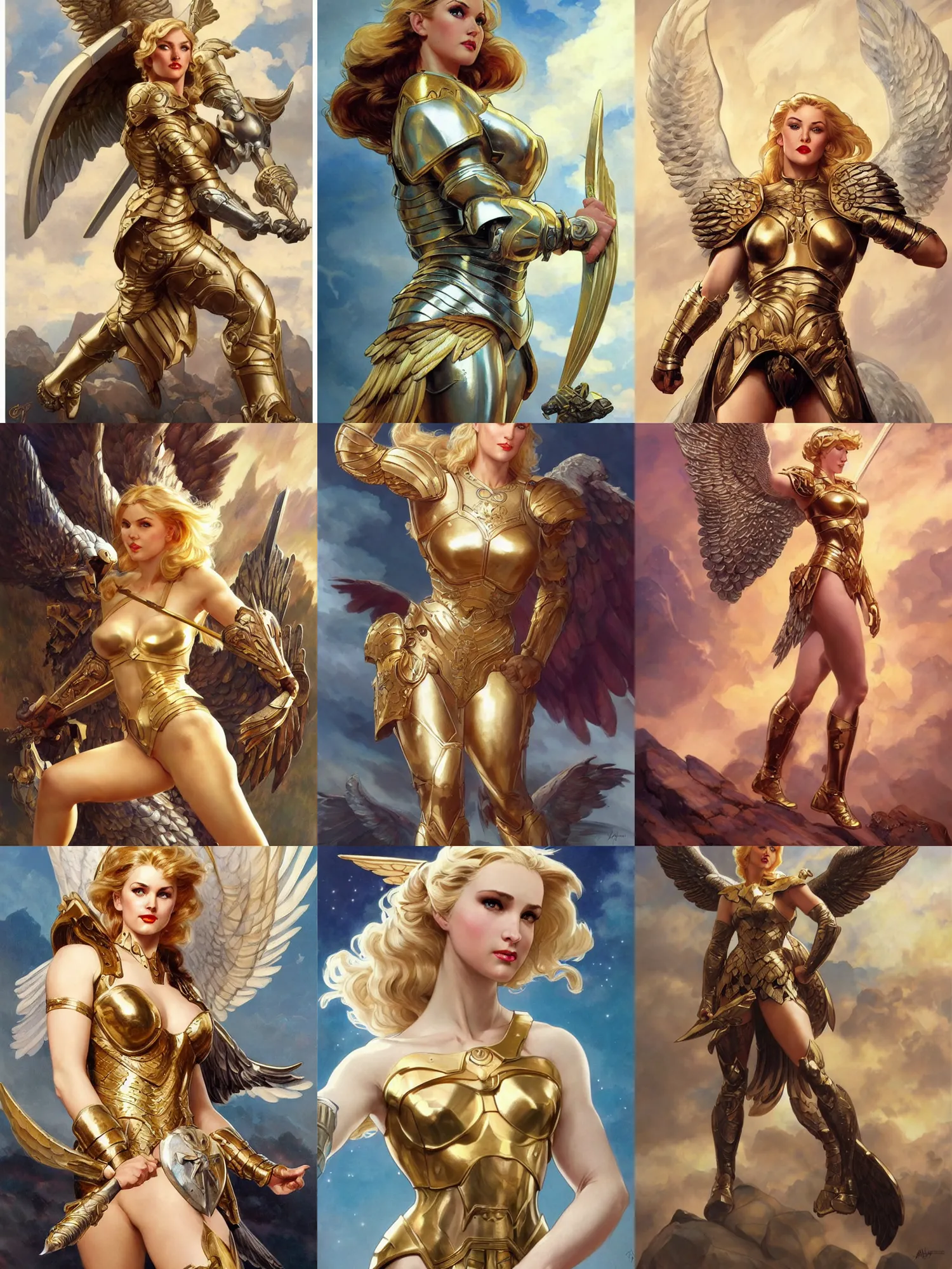 Prompt: pin - up poster of a valkyrie, skintight heavy armor, wings, heroic, celestial - themed, white skin, golden hair, golden eyes, dnd, highly detailed, two arms, detailed face, smooth, sharp focus, pastel painting, by artgerm and greg rutkowski and alphonse mucha