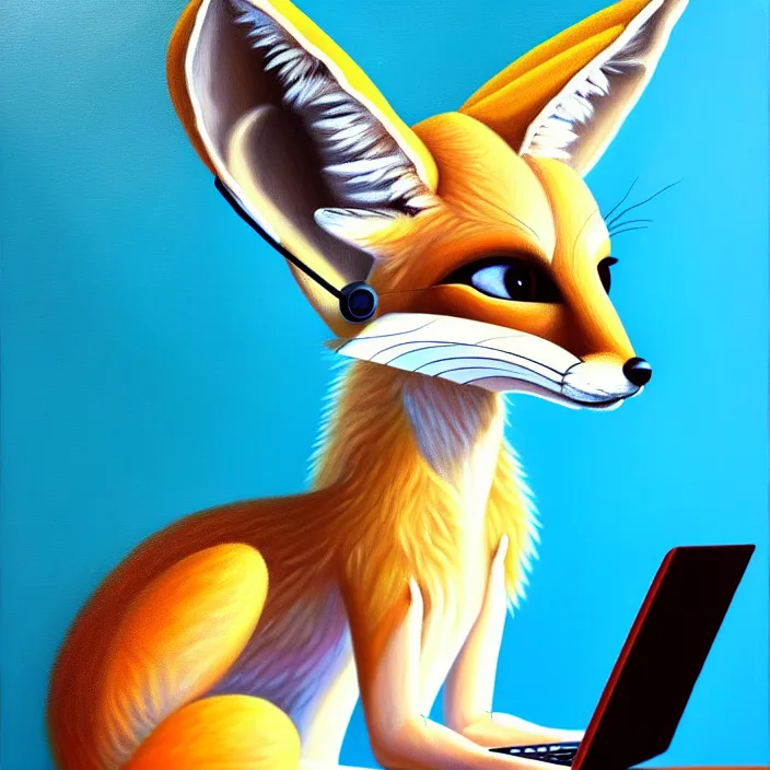 Prompt: a photorealistic painting of an anthropomorphic fennec fox wearing headphones, laptop, oil on canvas, furry, soft lighting