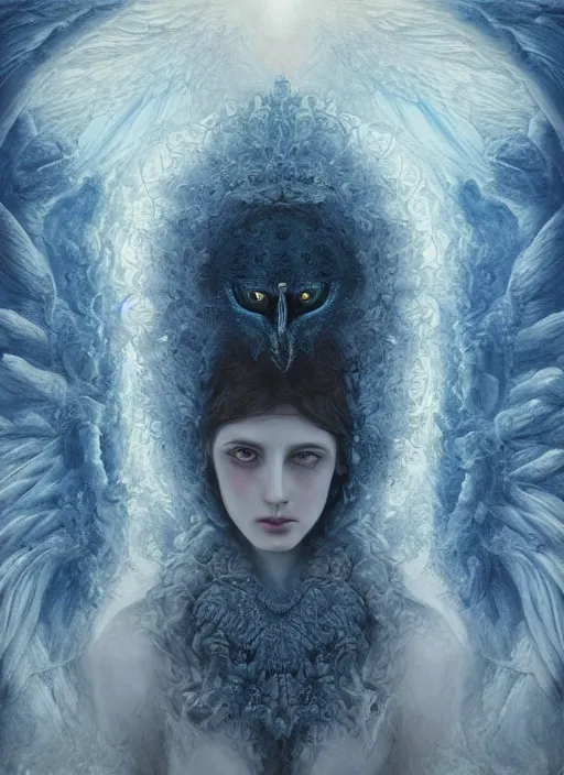 Prompt: Her huge ominous glowing blue eyes staring into my soul , perfect eyes, soft pale white skin, intricate stunning highly detailed, agostino arrivabene, artgerm, twisted dark lucid dream, 8k portrait render, raven angel wings, swirling smoke , beautiful lighting, dark fantasy art, cgsociety