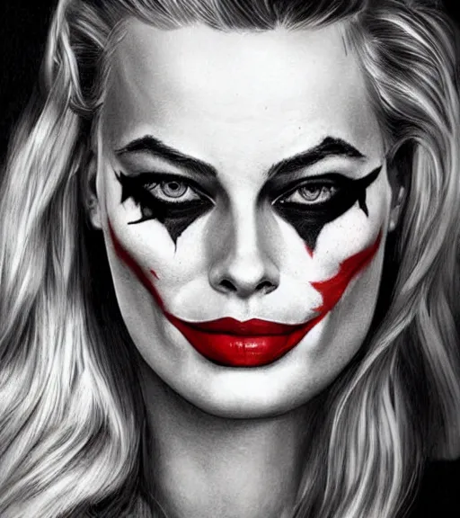 Image similar to tattoo design sketch of beautiful margot robbie portrait with joker makeup, in the style of den yakovlev, realistic face, black and white, realism tattoo, hyper realistic, highly detailed