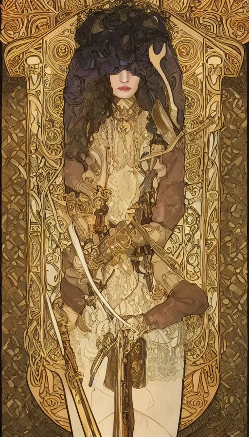 Image similar to soldiers in barde, highly detailed, very intricate, art nouveau, gold filigree, left right symmetry, tarot concept art watercolor illustration by mandy jurgens and alphonse mucha and alena aenami, featured on artstation