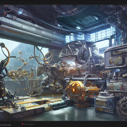 Image similar to the inside of a futuristic mechanic spaceshop coc, highly detailed interior, scrap metal on workbenches, half - finished robot, mechanical bugs in a display case, holographic screen in center frame by peter mohrbacher, trending on artstation, cryengine render, 8 k