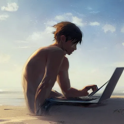 Image similar to concept art of man working on laptop at beach, perfect face, fine details, by greg rutkowski, makoto shinkai