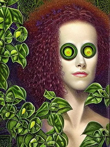 Image similar to The Hanging-Gardens of Pareidolia, ivy, verbena and pothos growing facial features and optical-illusions!!!!!, aesthetic!!!!!, by Gerald Brom in the style of Johfra Bosschart in the style of,