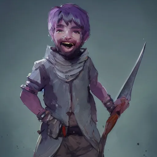 Image similar to duergar male child character portrait with pale purple skin, by Ismail Inceoglu, shabby clothes, leather pouch, wielding kitchen knife, smiling, youthful, dungeons and dragons, digital art