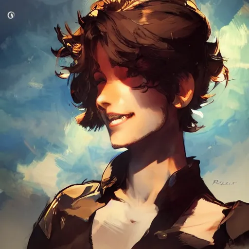 Image similar to a beautiful girl with short curly brown hair in a short ponytail, a pointy chin, happy, smiling , dramatic lighting, illustration by Rossdraws, yoji shinkawa, 4k, digital art, concept art, trending on artstation