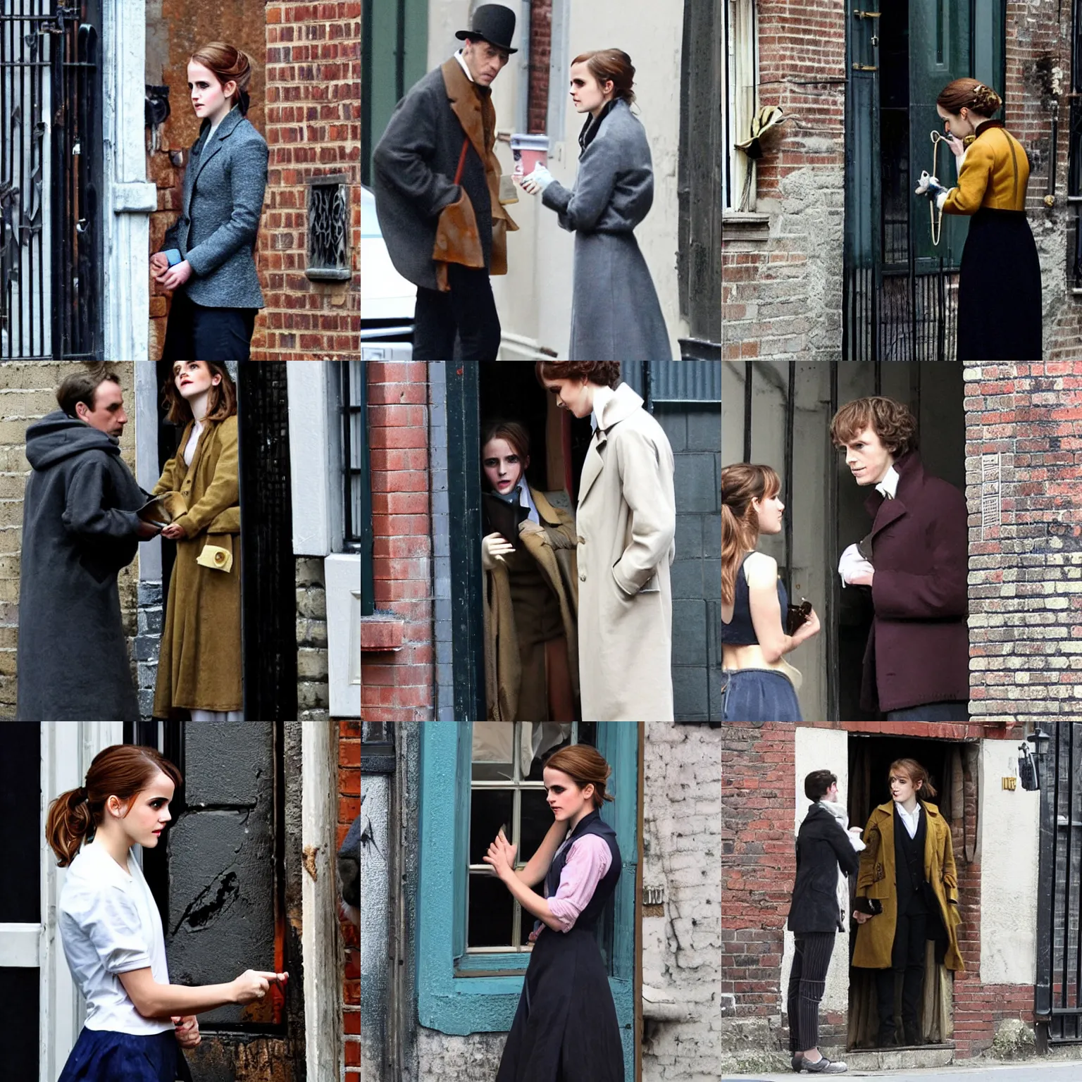 Prompt: Emma Watson dressed as Sherlock Holmes inspecting a broken window in an alley