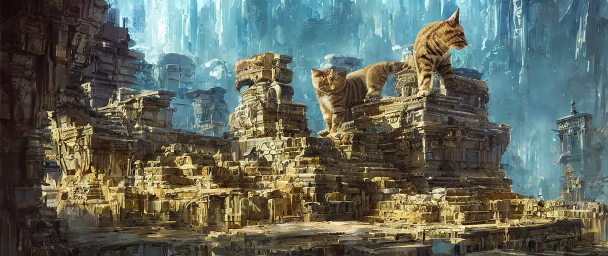 Prompt: A beautiful temple in honor of ancient Feline warriors by John Berkey | sparth:.2 | Time white:.2 | Graphic Novel, Visual Novel, Colored Pencil, Comic Book:.3 | unreal engine:.5 | establishing shot