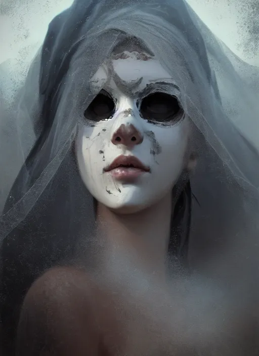 Image similar to close up of a veiled half scull mask girl on the ruins temple, looking at the camera very curiously, smog on the floor, extremely beautiful and aesthetic and attractive detailed face and body, chiaroscuro, dynamic pose, fantasy illustrations, by makoto shinkai and jeremy lipking and ferdinand knab