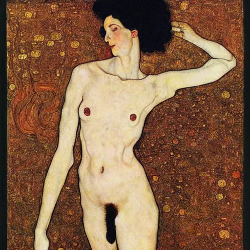 Prompt: goddess of transcendential consciousness, egon schiele, gustav klimt