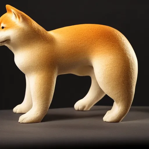 Image similar to a very beautiful intricately shaped organic sculpture carved from steamed buns depicting a shiba inu. studio lighting, high resolution, high quality, dark background