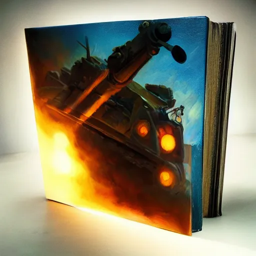 Prompt: tank in the shape of a book, oil painting, artstation, dramatic lighting,, beautiful