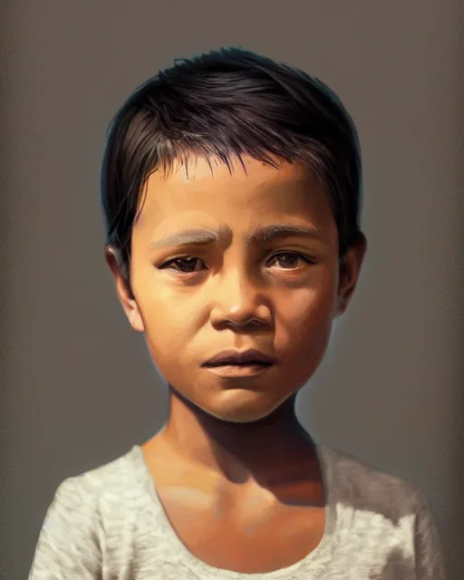 Image similar to Portrait of Migrant and Colonizer child, Migrant Colonizer morph child morph, digital painting, realistic shaded, realistic shaded lighting, fan art, pixiv, by Ilya Kuvshinov, child hybrid, realistic face and body hybrid, by magali villeneuve, Artstation, by Jeremy Lipkin and by Michael Garmash and by Rob Rey. Face retouch