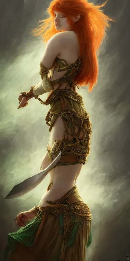 Prompt: ginger girl with problems dringing in an ancien taver and playing with a knife, magic the gathering, ancient, sand, emerald, intricate, highly detailed, digital painting, artstation, concept art, smooth, sharp focus, illustration, Unreal Engine 5, 8K, art by artgerm and greg rutkowski and alphonse mucha
