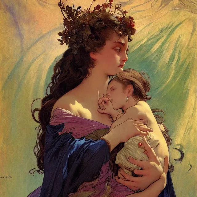 Image similar to an aesthetic! detailed portrait of an aesthetic woman crying mournfully while cradling a child, by frank frazetta and alphonse mucha, oil on canvas, bright colors, art nouveau, epic composition, dungeons and dragons fantasy art, hd, god - rays, ray - tracing, crisp contour - lines, huhd - 8 k