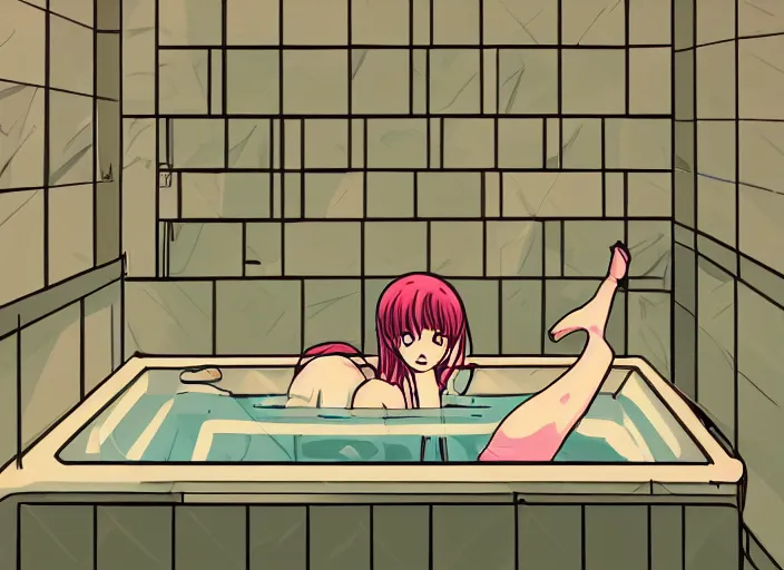 Image similar to girl in bathtub, bathroom, boring, anime, 1 9 9 0 s, retro style, aesthetic, chill, room