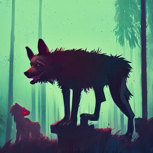 Prompt: grungy wild dog standing in a cedar forest, by anton fadeev and simon stalenhag, trending on art station