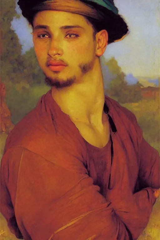 Prompt: Portrait of a young mascular gypsy man magucian, by victor Nizovtsev, bouguereau