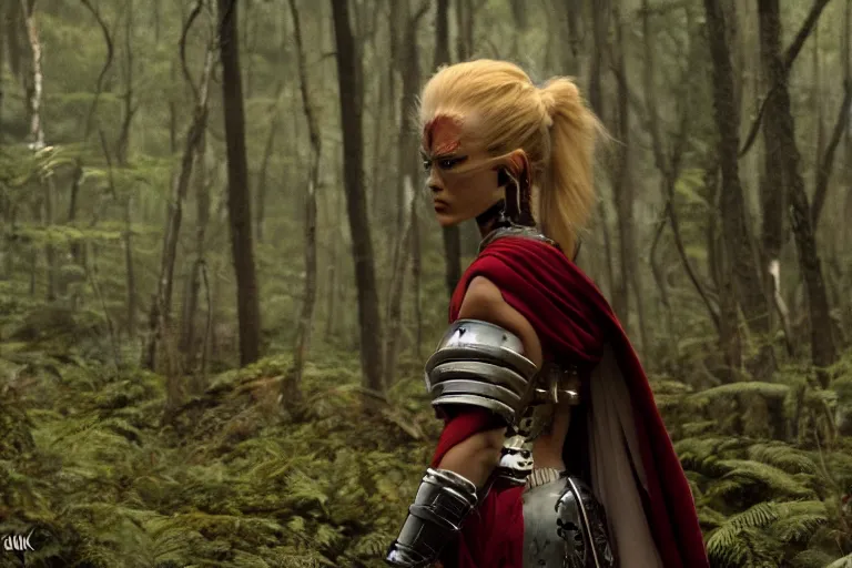 Image similar to vfx movie scene closeup nomad cyborg warrior viking geisha in a smoldering forest. by emmanuel lubezki