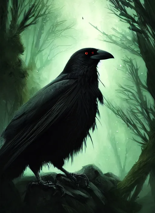 Image similar to side portrait dark crow (animal), close-up, fantasy forest landscape, moonshine, fantasy magic, nice black feather, proud, green dark light night, intricate, elegant, sharp focus, illustration, highly detailed, digital painting, concept art, matte, art by WLOP and Artgerm and Greg Rutkowski and Eddie Mendoza, masterpiece