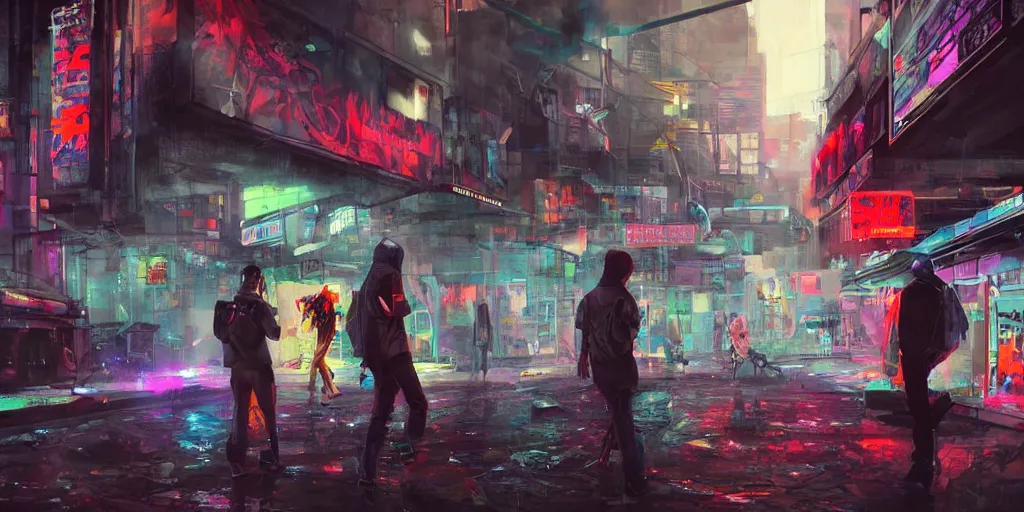 Image similar to teenagers with tech clothing and hoods and futuristic gas masks painting giant graffitis on the walls of a dystopian city, neon lights, sci - fi, night lights, rain and haze, concept art, intricate, in the style of katsuhiro otomo, akira, unreal engine