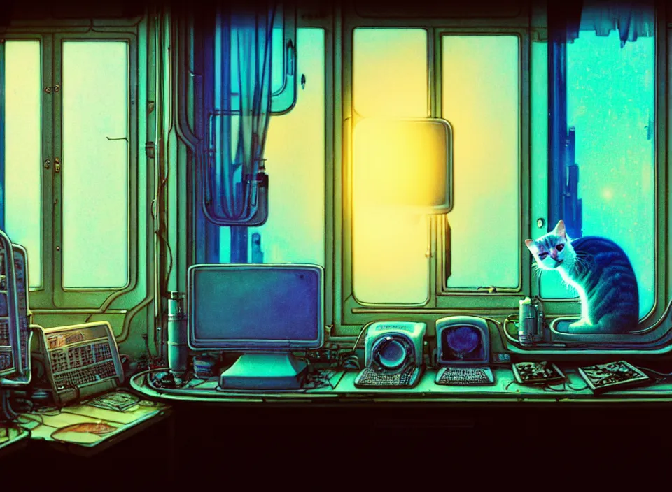 Prompt: telephoto 7 0 mm f / 2. 8 iso 2 0 0 photograph depicting the feeling of chrysalism in a cosy cluttered french sci - fi ( art nouveau ) cyberpunk apartment in a pastel dreamstate art cinema style. ( cat, computer screens, window ( city view ), sink, lamp ( ( ( fish tank ) ) ) ), ambient light.