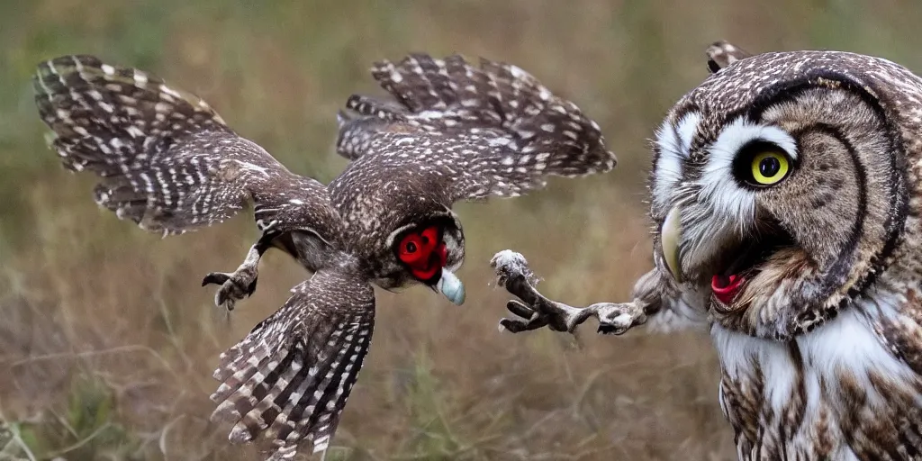 Prompt: scenic photo of an owl catching a mouse. the mouse is covered in blood. focus on the owl's beak and eye. intricate eye. extremely large wings. extreme detail, hyperrealistic photo