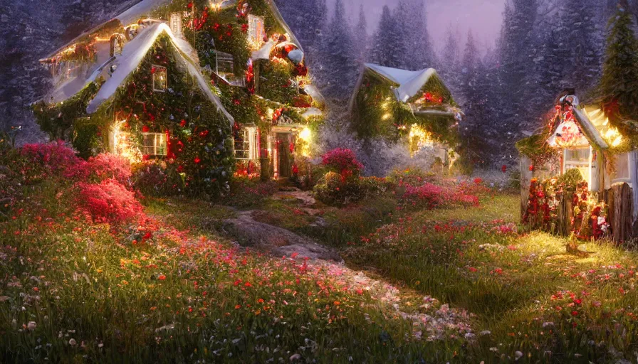 Image similar to Realistic image of a small house covered by flowers with Christmas light built near of a lake in green mountains, hyperdetailed, artstation, cgsociety, 8k