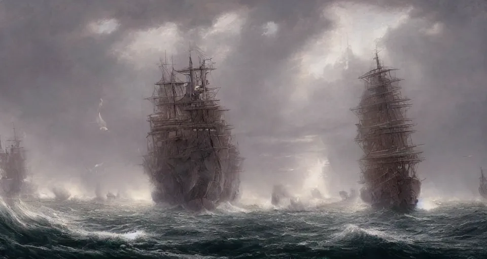 Image similar to giant sailing battleship with ten sails, raging sea foggy, dramatic, action scene, stormy background, shipfleet on the horizon, high detail, greg rutkowski, james gurney, gene wolfe, gustave dore, jesper ejsing, rhads, makoto shinkai, ilya kuvshinov