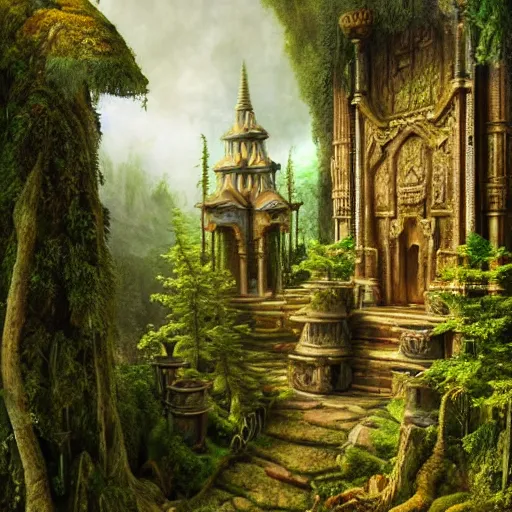 Image similar to a beautiful and highly detailed matte painting of a dwarven temple in a magical fantasy garden in a lush forest in the mystical mountains, intricate details, epic scale, insanely complex, 8 k, sharp focus, hyperrealism, very realistic, by caspar friedrich, albert bierstadt, james gurney, brian froud,