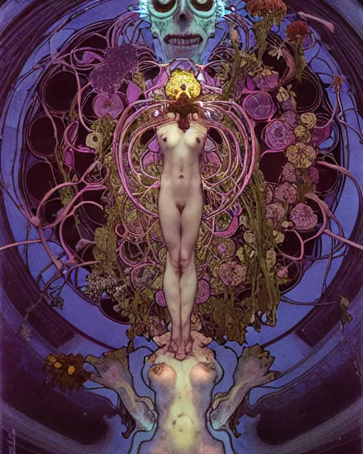 Image similar to the platonic ideal of flowers, rotting, insects and praying of cletus kasady carnage thanos davinci dementor wild hunt chtulu mandelbulb spirited away doctor manhattan bioshock, caustic, ego death, decay, dmt, psilocybin, concept art by alphonse mucha and greg rutkowski and zdzisław beksinski